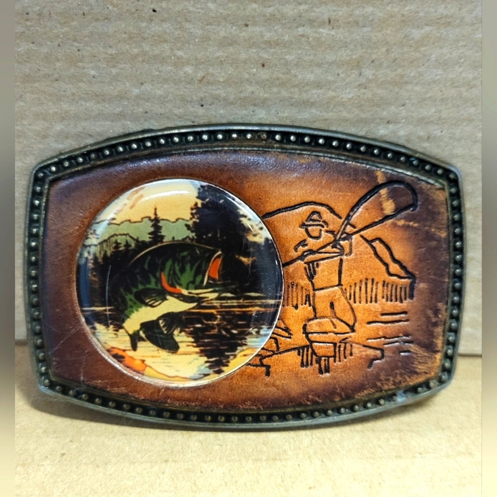 Vintage Alumaline Bass fish leather gold tone belt buckle